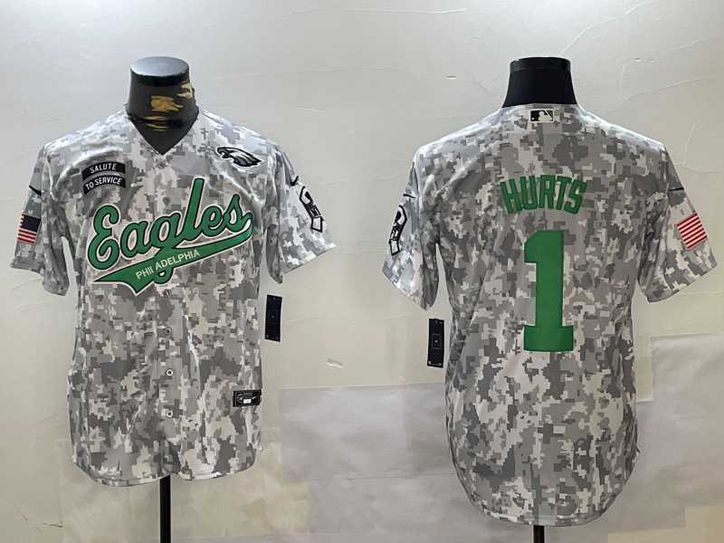 Men%27s Philadelphia Eagles #1 Jalen Hurts Arctic Camo 2024 Salute to Service Stitched Baseball Jersey